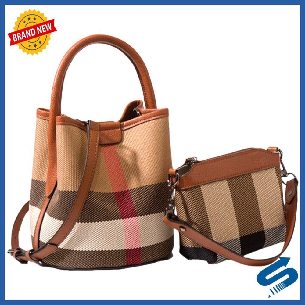 Leather Plaid Bucket Tote Shoulder Bag Crossbody Handbag Classic Designer Purse